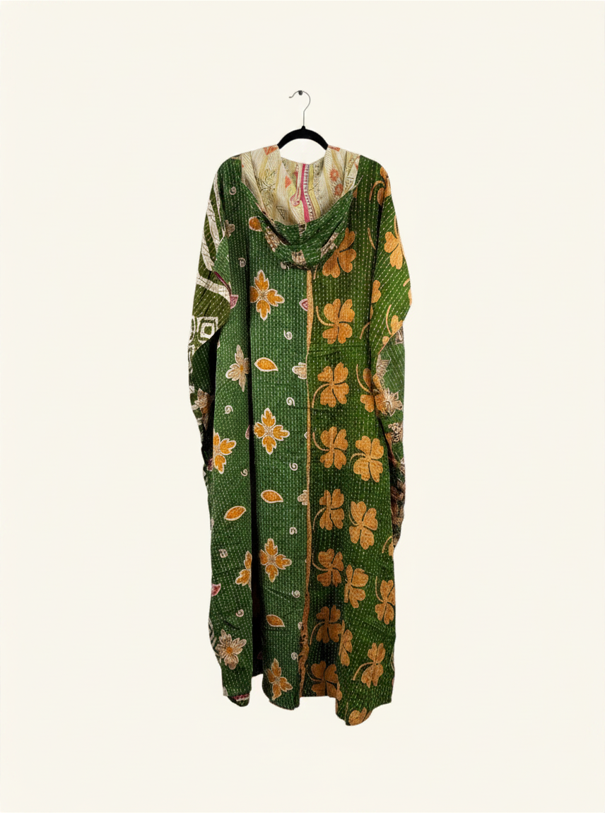 She Lives Beauty reversible dahlia jumpsuit in green vintage kantha cotton with floral patterns and harem silhouette
