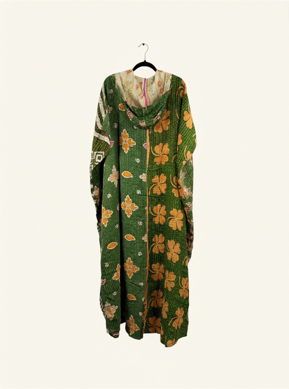 She Lives Beauty reversible dahlia jumpsuit in green vintage kantha cotton with floral patterns and harem silhouette