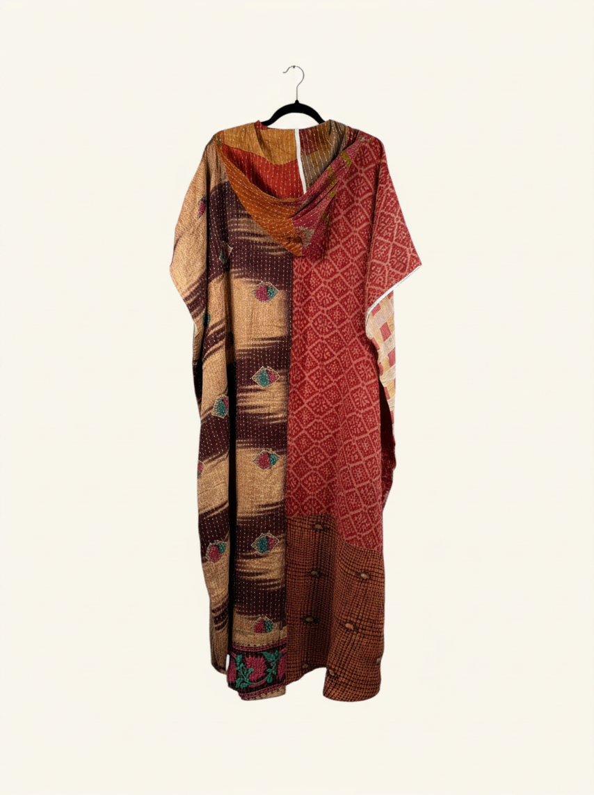 She Lives Beauty reversible dahlia jumpsuit made from vintage kantha cotton saris in warm red and brown patterns.