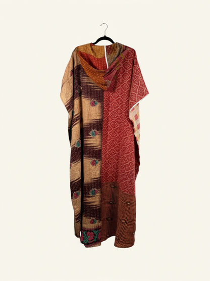 She Lives Beauty reversible dahlia jumpsuit made from vintage kantha cotton saris in warm red and brown patterns.