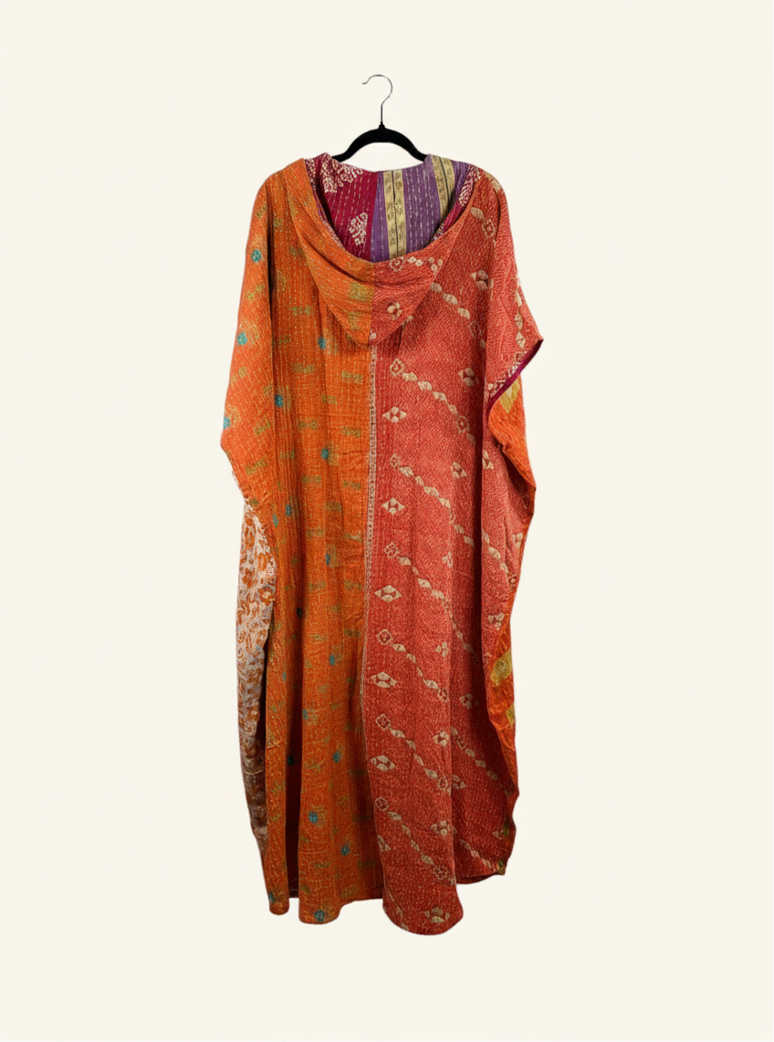 She Lives Beauty reversible Dahlia jumpsuit in orange and red vintage kantha cotton with a relaxed harem silhouette.