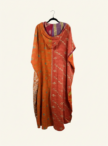 She Lives Beauty reversible Dahlia jumpsuit in orange and red vintage kantha cotton with a relaxed harem silhouette.