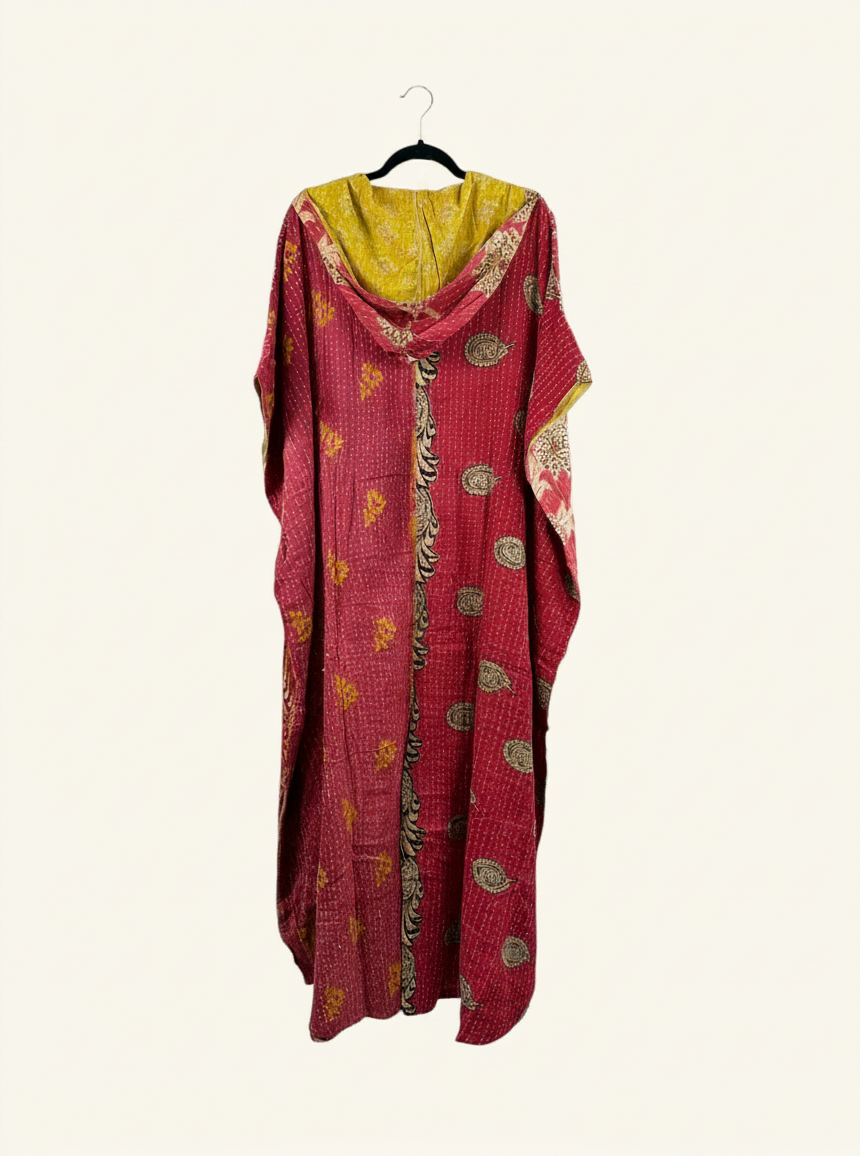 She Lives Beauty reversible Dahlia jumpsuit in red and yellow vintage kantha cotton with a relaxed harem silhouette.