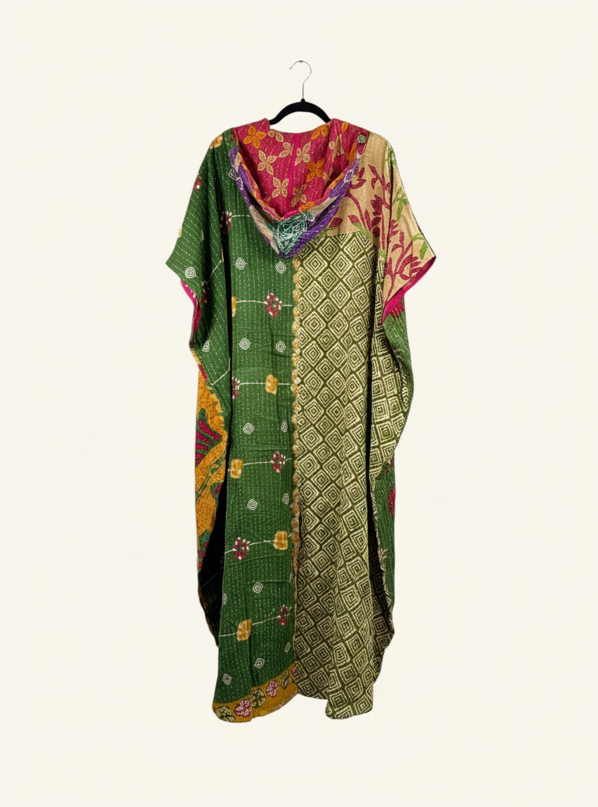 She Lives Beauty reversible Dahlia jumpsuit made from vintage kantha cotton saris with a green patterned harem design.