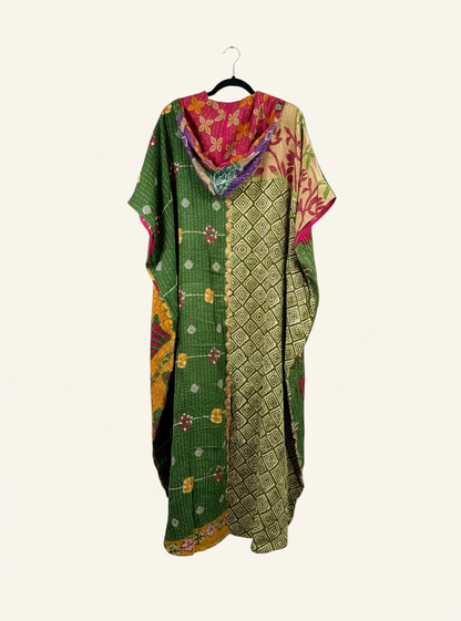 She Lives Beauty reversible Dahlia jumpsuit made from vintage kantha cotton saris with a green patterned harem design.
