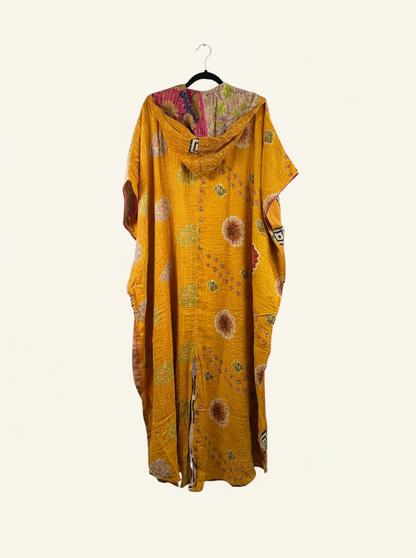 She Lives Beauty reversible yellow kantha jumpsuit made from vintage cotton saris with a relaxed harem silhouette.