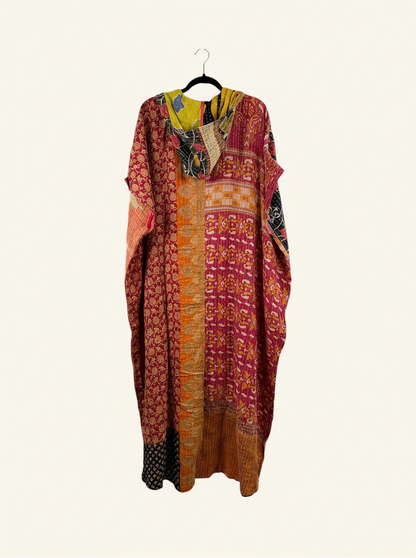 She Lives Beauty reversible dahlia jumpsuit made from vintage kantha cotton saris with a vibrant bohemian print