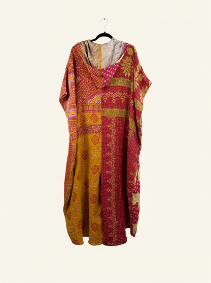 She Lives Beauty reversible dahlia jumpsuit in red and gold vintage kantha cotton with a relaxed harem silhouette.