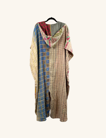 She Lives Beauty reversible petite dahlia jumpsuit made from colorful vintage kantha stitched cotton sari fabric