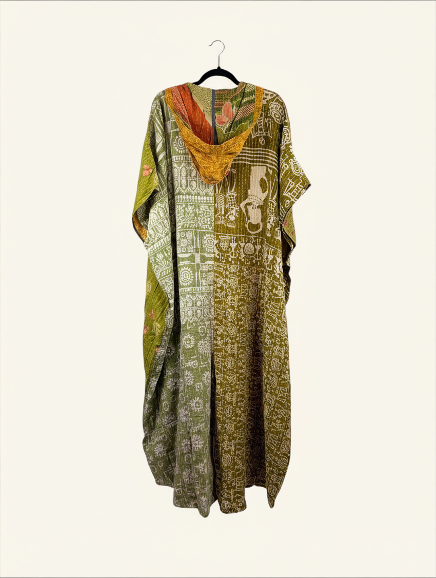 She Lives Beauty reversible dahlia jumpsuit in olive green vintage kantha cotton with a hood and bohemian print.