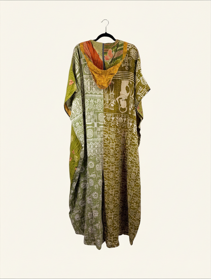 She Lives Beauty reversible dahlia jumpsuit in olive green vintage kantha cotton with a hood and bohemian print.