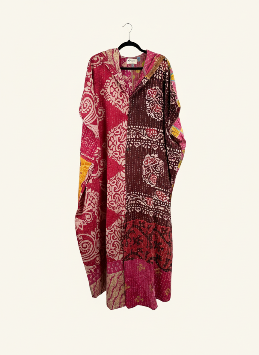 She Lives Beauty reversible Dahlia jumpsuit in pink and brown vintage kantha cotton with bohemian floral patterns.