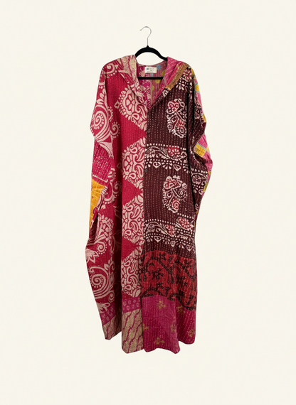 She Lives Beauty reversible Dahlia jumpsuit in pink and brown vintage kantha cotton with bohemian floral patterns.