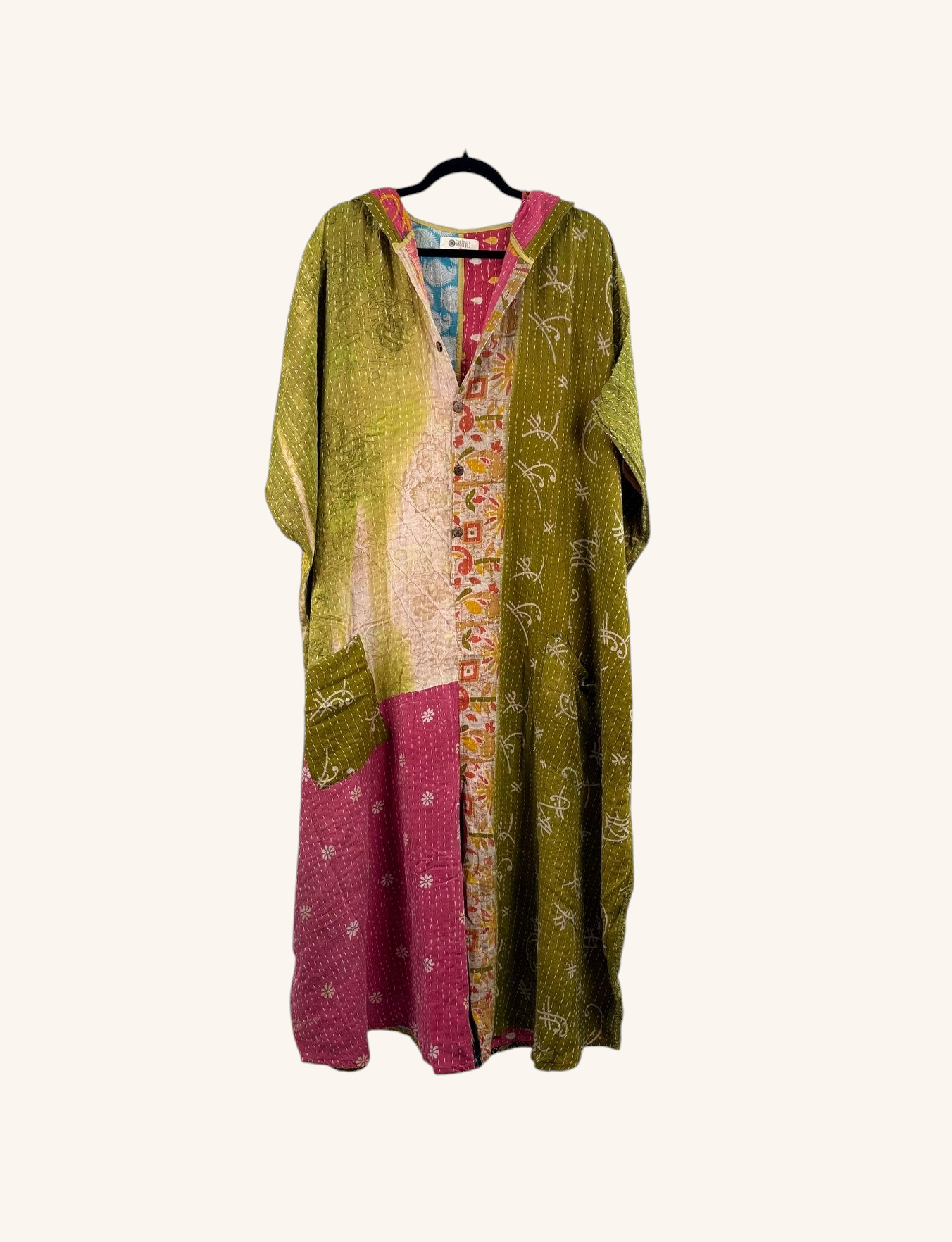 She Lives Beauty Petite Dahlia reversible jumpsuit in olive green and pink vintage kantha cotton with hood