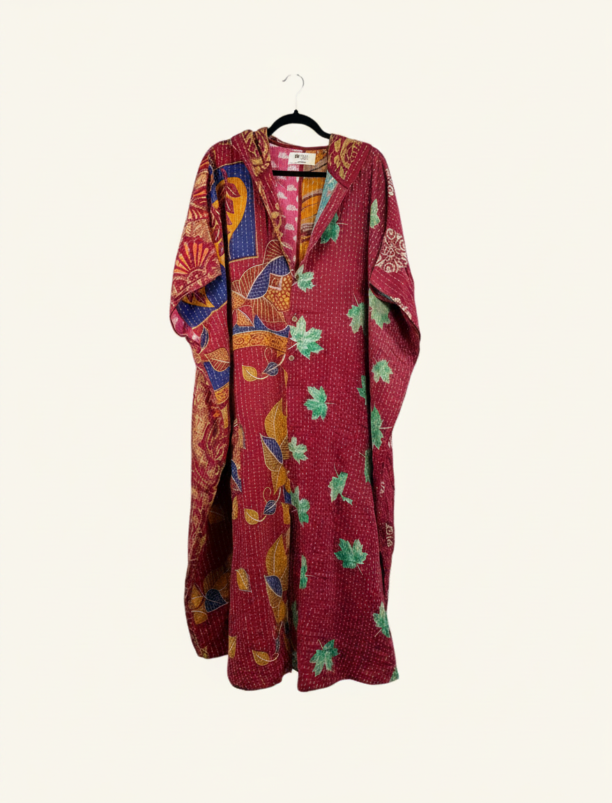 She Lives Beauty reversible petite dahlia jumpsuit made from vintage red kantha stitched cotton sari fabric