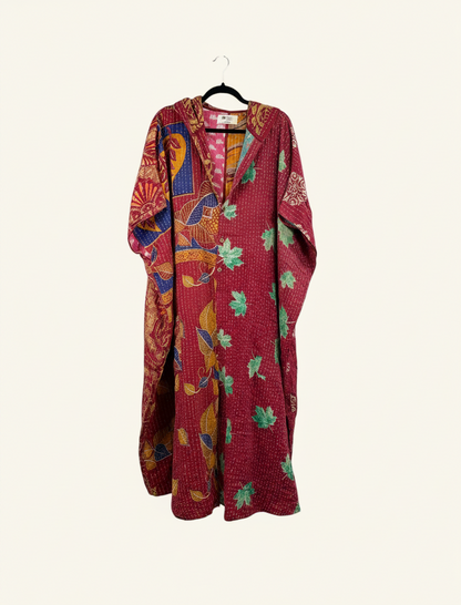 She Lives Beauty reversible petite dahlia jumpsuit made from vintage red kantha stitched cotton sari fabric
