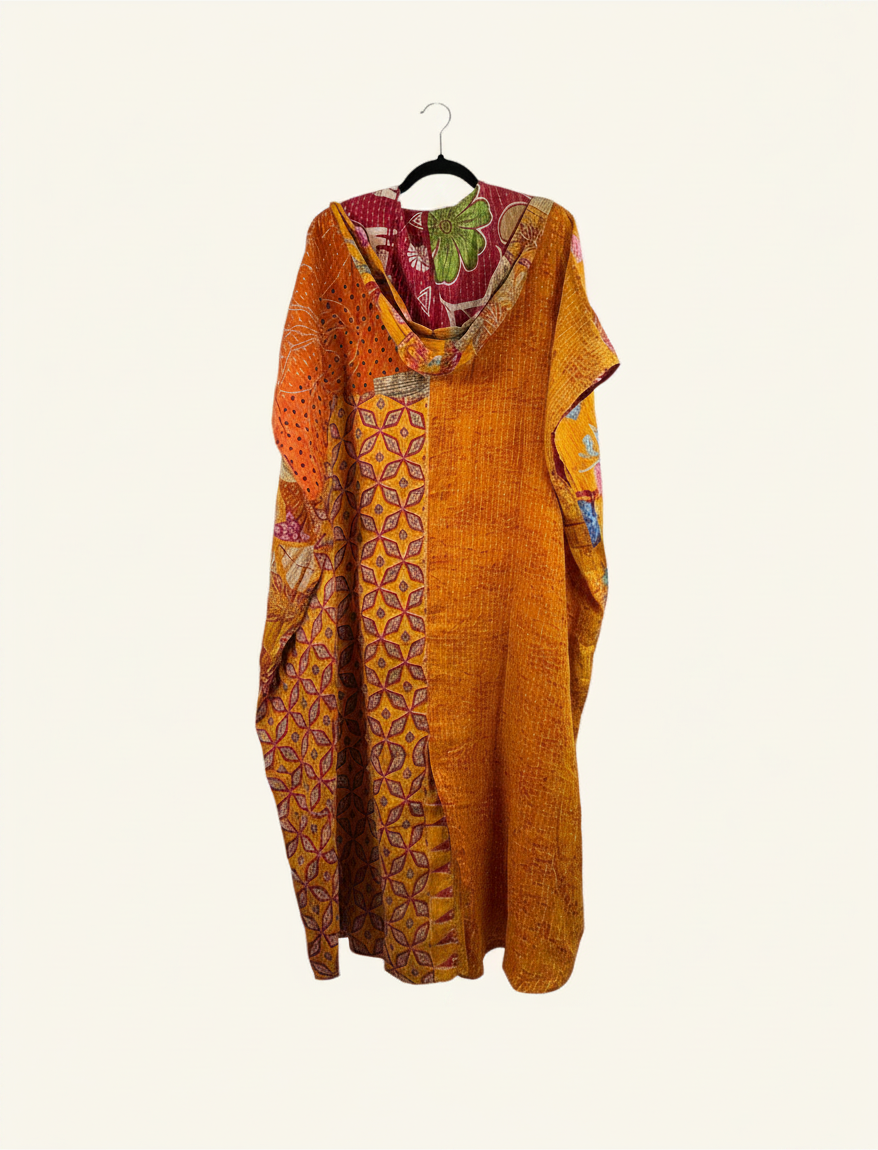 She Lives Beauty reversible petite dahlia jumpsuit made from vintage orange kantha cotton with bohemian floral prints