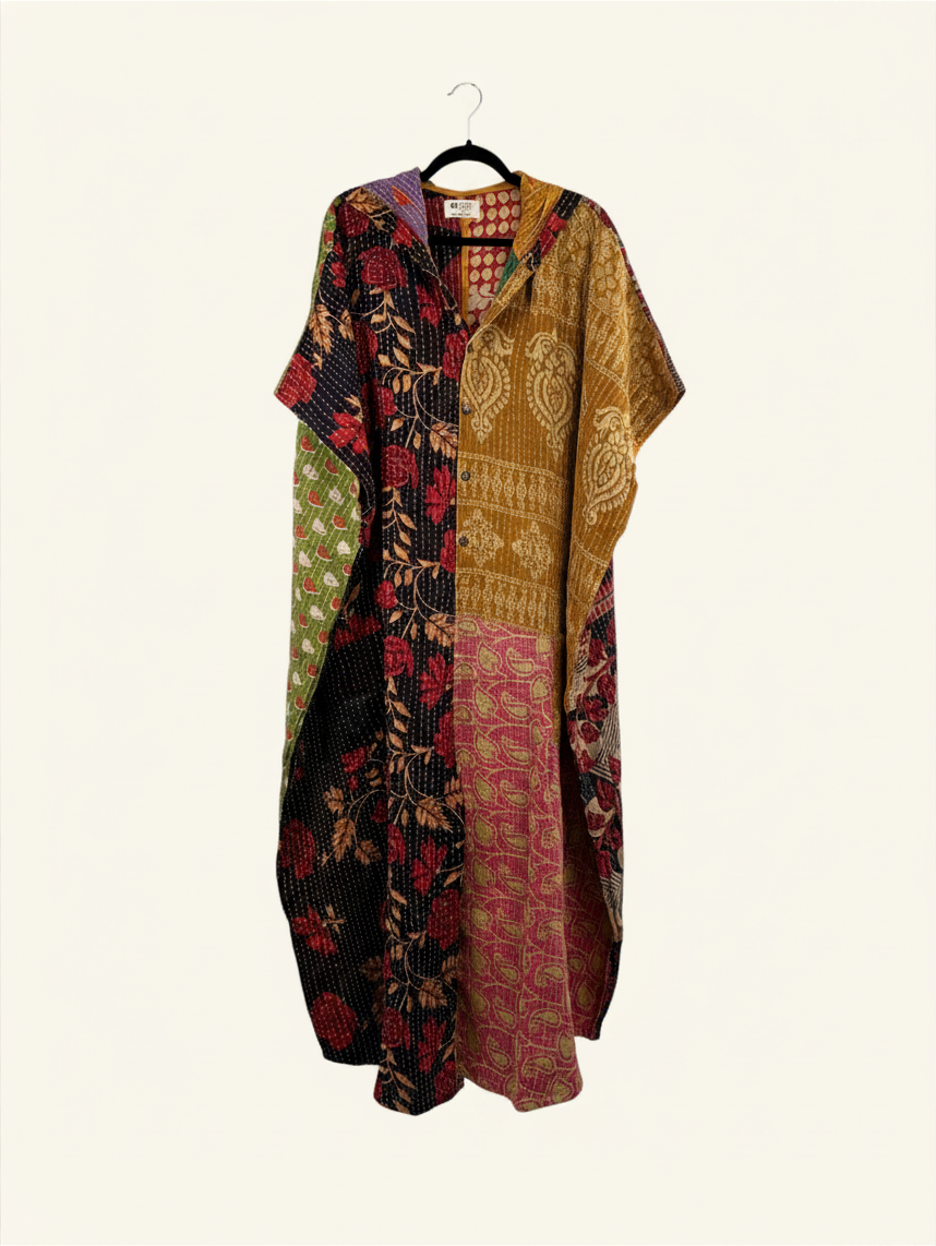 She Lives Beauty reversible dahlia jumpsuit made from vintage kantha cotton saris with a colorful bohemian print.