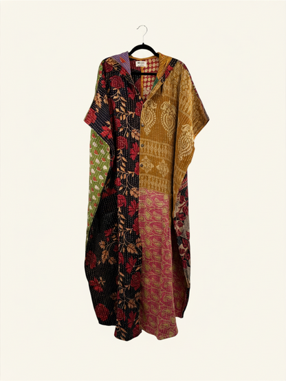 She Lives Beauty reversible dahlia jumpsuit made from vintage kantha cotton saris with a colorful bohemian print.