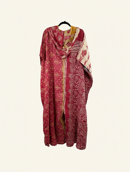 She Lives Beauty reversible petite dahlia jumpsuit made from vintage red and cream kantha stitched cotton sari fabric
