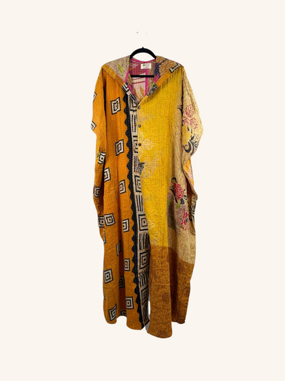 She Lives Beauty reversible dahlia jumpsuit in yellow vintage kantha cotton with bohemian patterns and harem silhouette