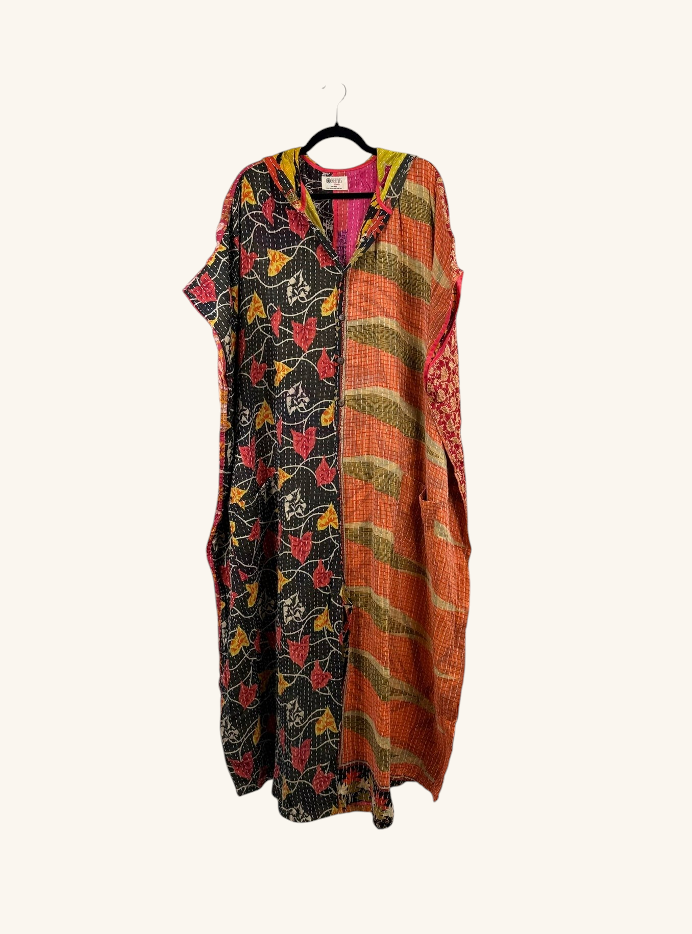 She Lives Beauty reversible dahlia jumpsuit in vintage kantha cotton with black and orange bohemian patterns