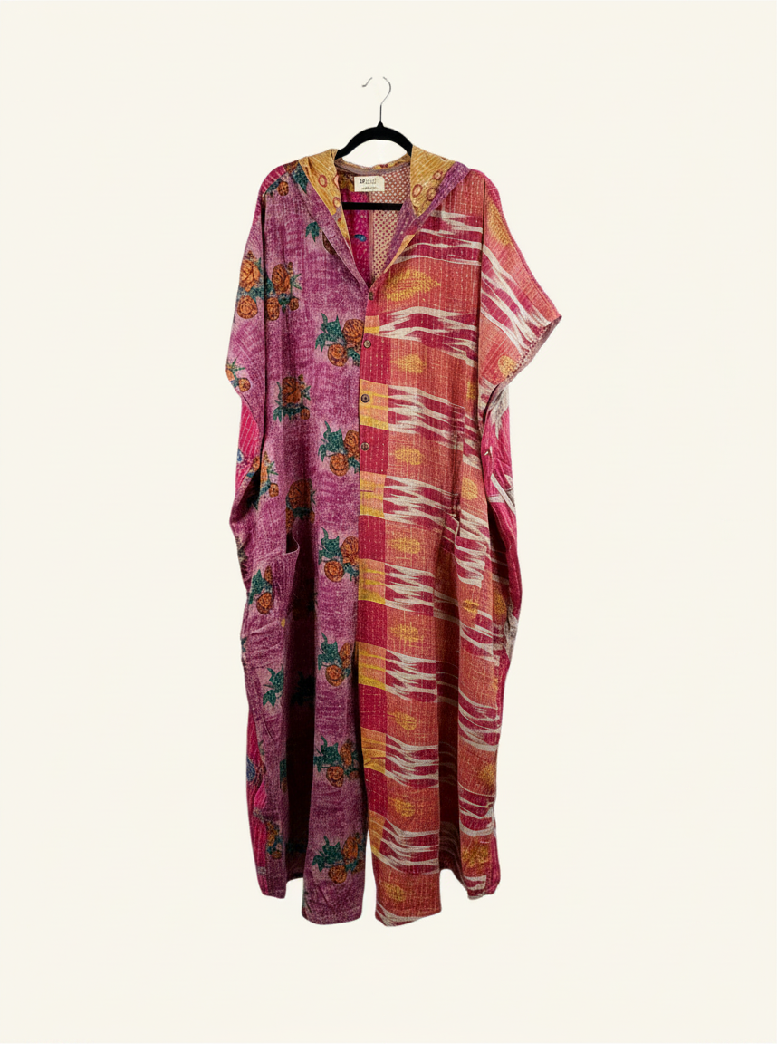 She Lives Beauty reversible dahlia jumpsuit in vintage kantha cotton with floral and geometric patterns