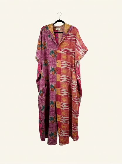She Lives Beauty reversible dahlia jumpsuit in vintage kantha cotton with floral and geometric patterns