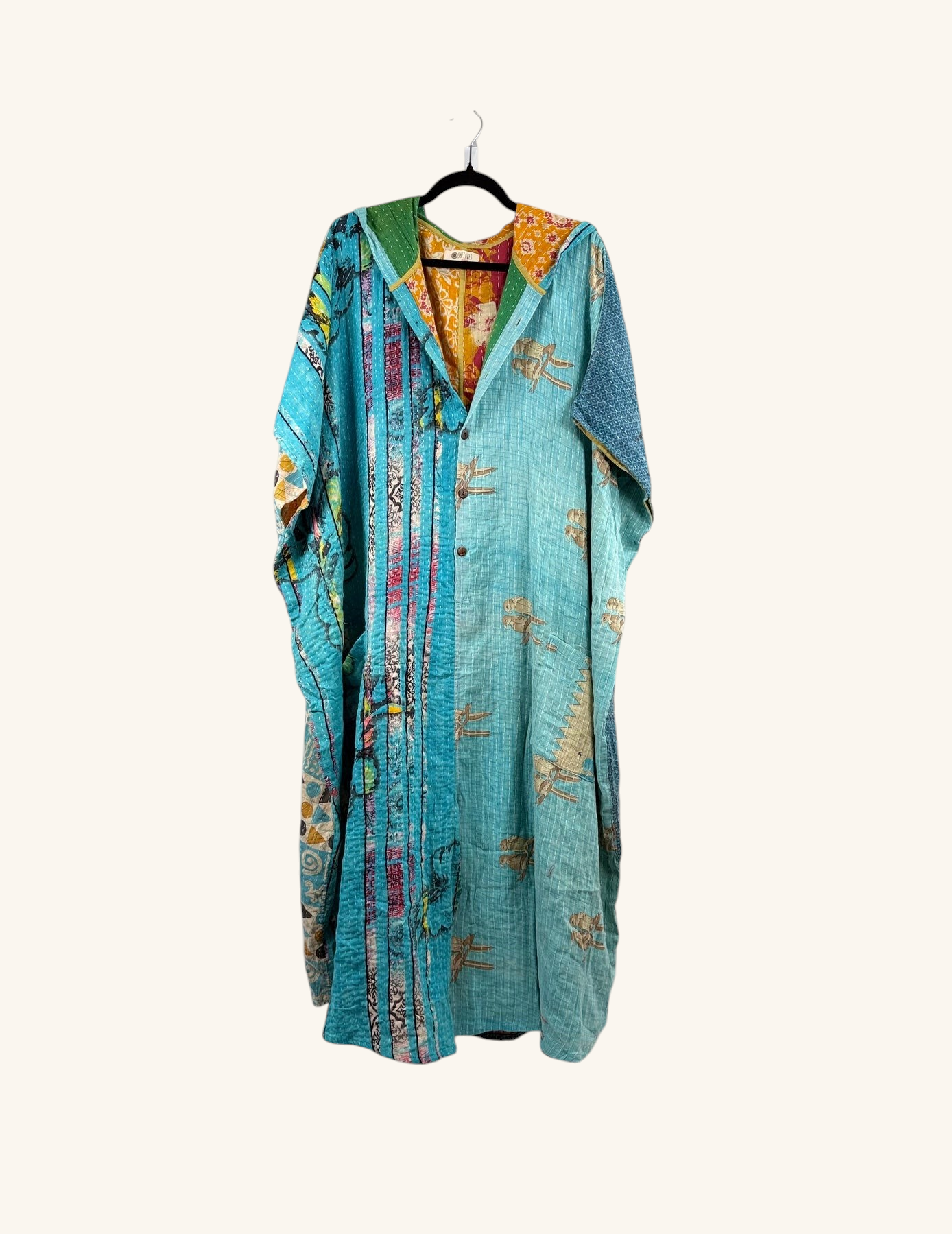 She Lives Beauty reversible petite dahlia jumpsuit made from vintage kantha stitched cotton in shades of teal blue