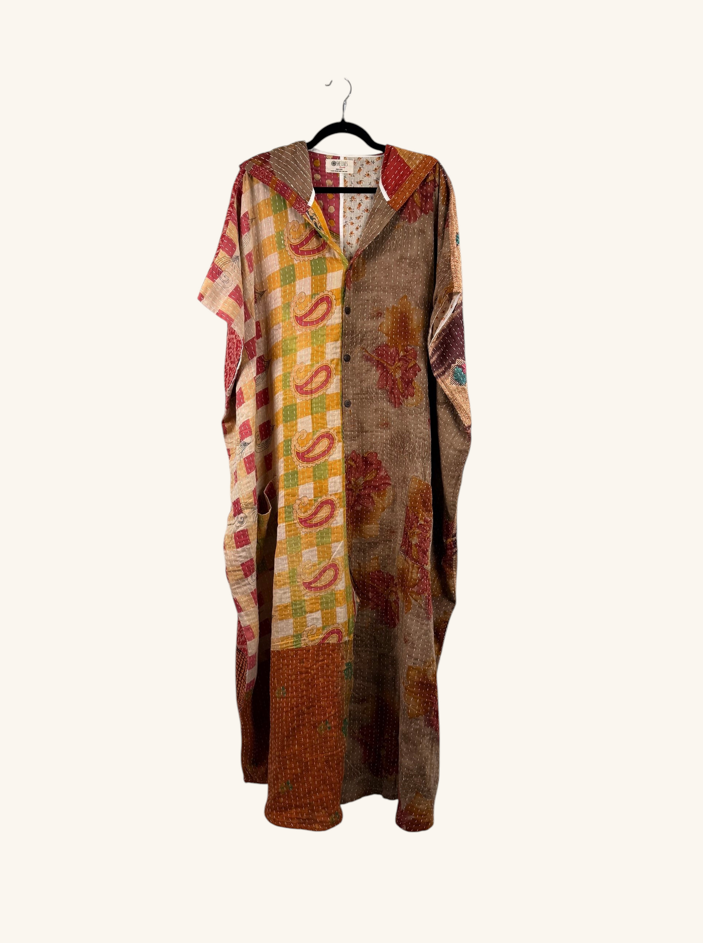 She Lives Beauty reversible dahlia jumpsuit made from vintage kantha cotton saris with a relaxed harem silhouette.