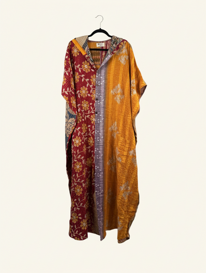 She Lives Beauty reversible Dahlia jumpsuit made from vintage kantha cotton saris in red and yellow floral patterns.