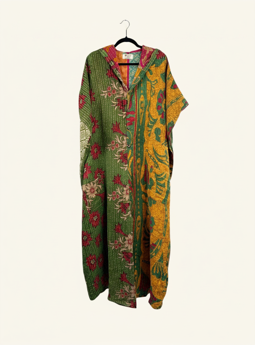She Lives Beauty reversible dahlia jumpsuit in green and yellow vintage kantha cotton with floral patterns