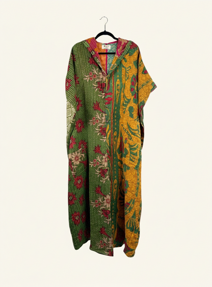 She Lives Beauty reversible dahlia jumpsuit in green and yellow vintage kantha cotton with floral patterns