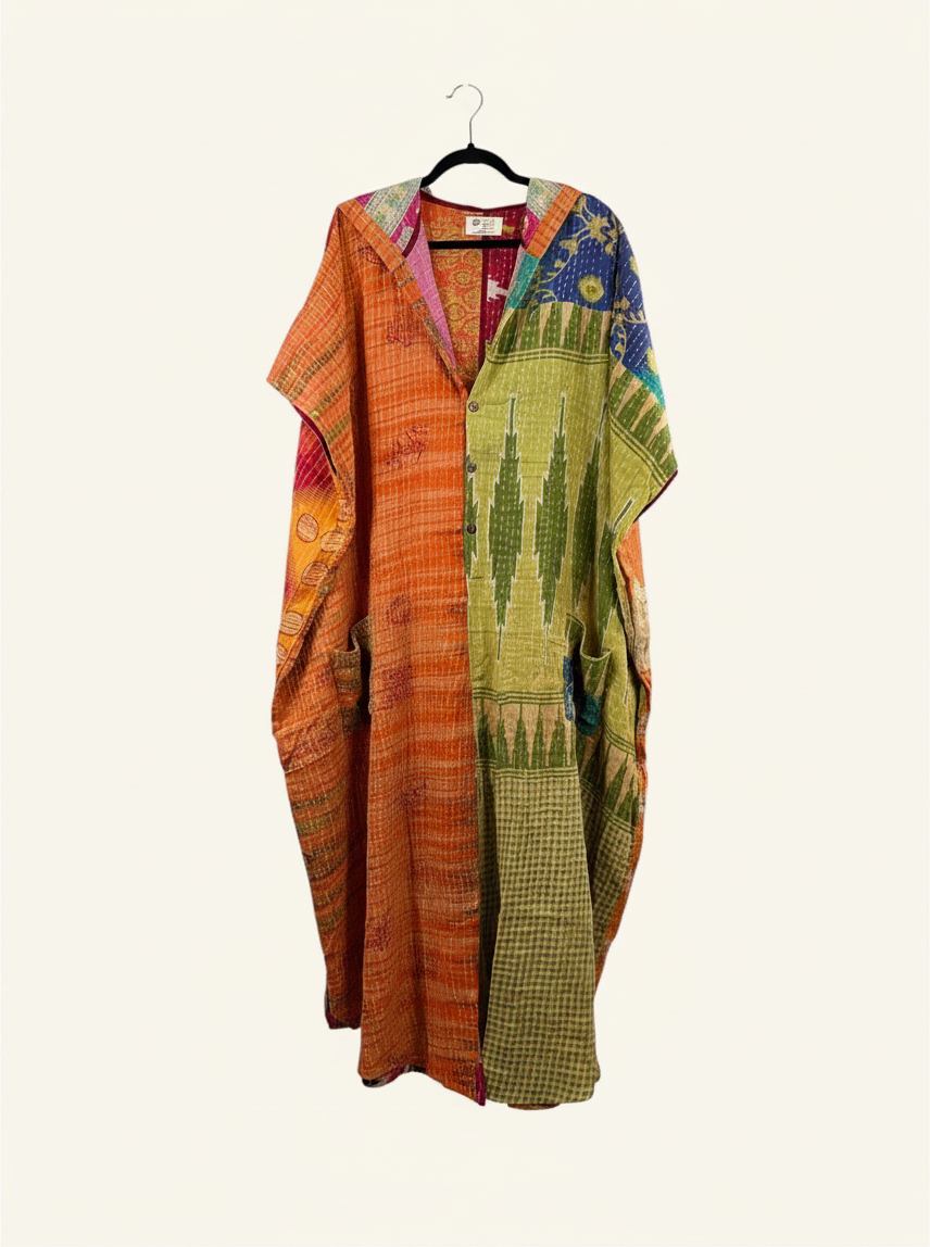 She Lives Beauty reversible Dahlia jumpsuit made from vintage kantha cotton saris with a relaxed harem silhouette.
