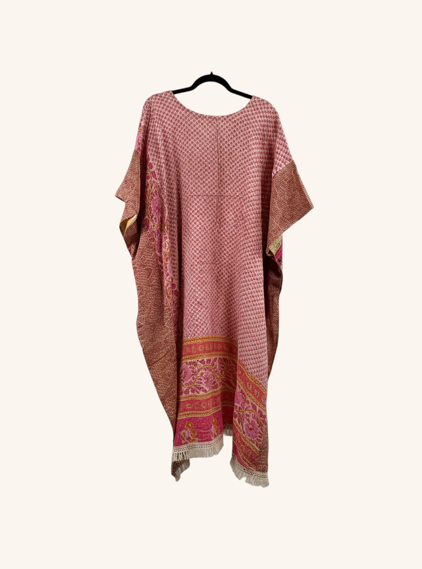 She Lives Beauty reversible hi-low top made from vintage pink and brown Kantha cotton saris with fringe detailing.