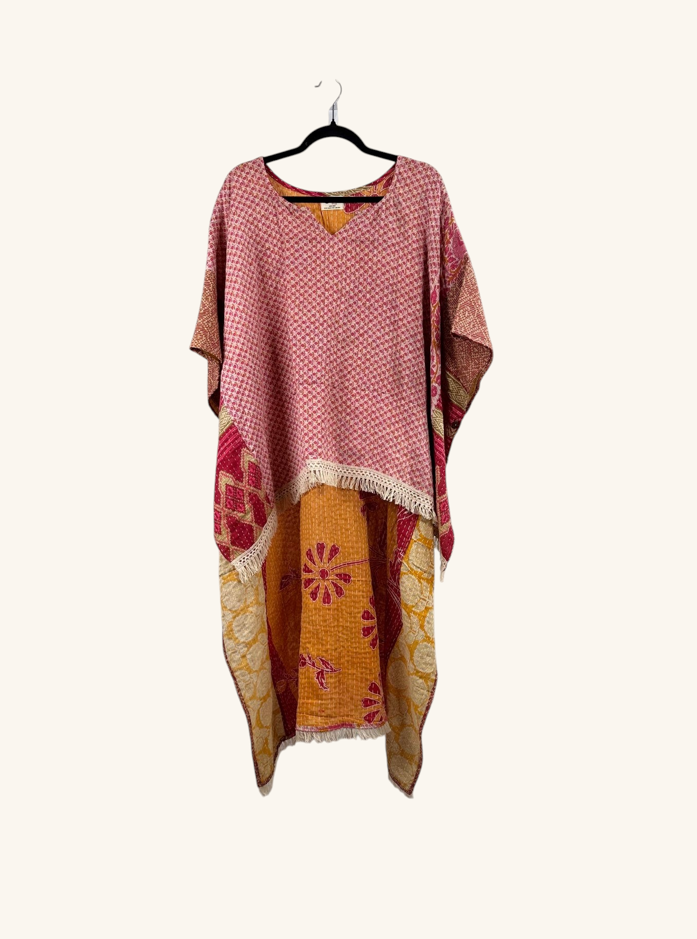 She Lives Beauty reversible hi-low Kantha top in pink and orange vintage cotton with fringe detailing