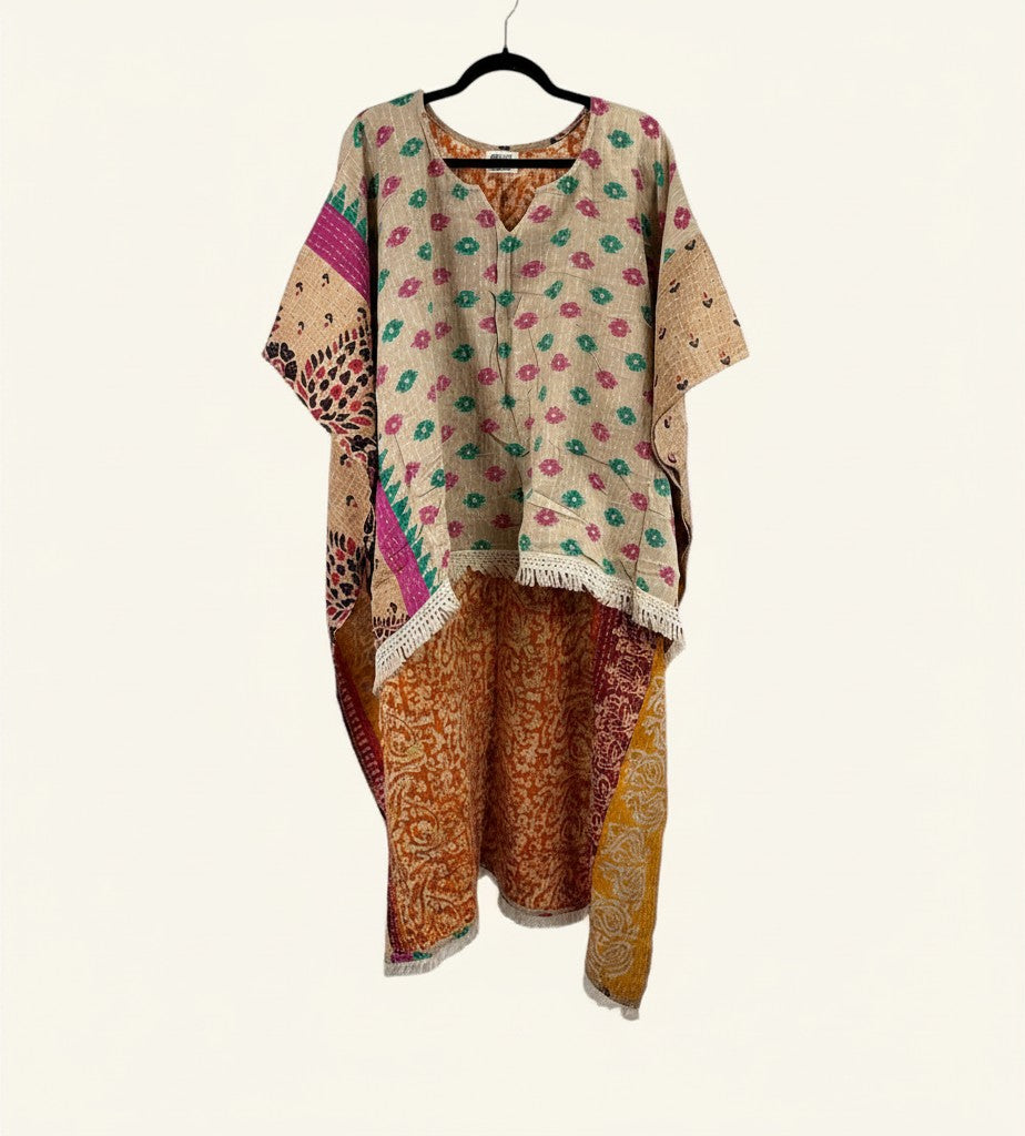 She Lives Beauty reversible hi-low Kantha top made from vintage cotton saris with floral patterns and fringe edges