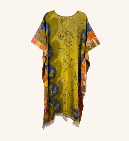 She Lives Beauty reversible hi-low Kantha top in olive green vintage cotton with floral patterns and fringe trim.