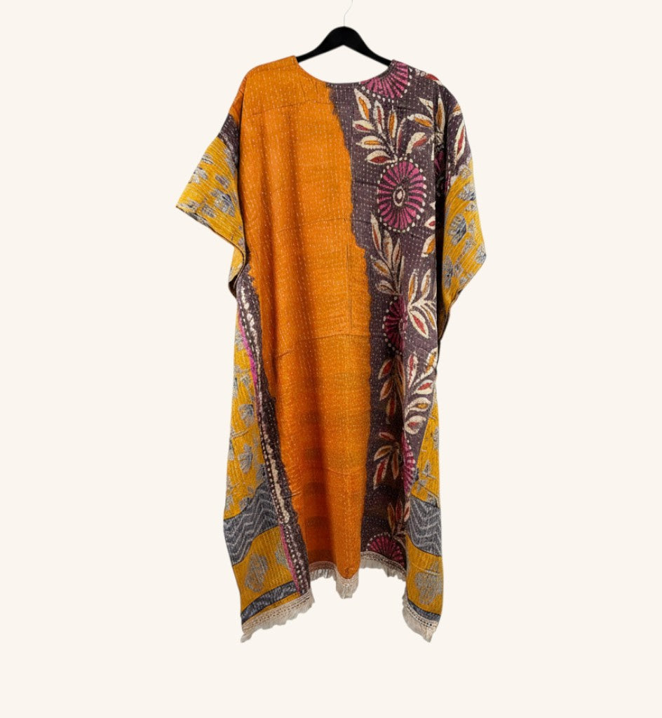 She Lives Beauty reversible Kantha top in mustard yellow and floral vintage cotton with fringe hem and hi-low silhouette