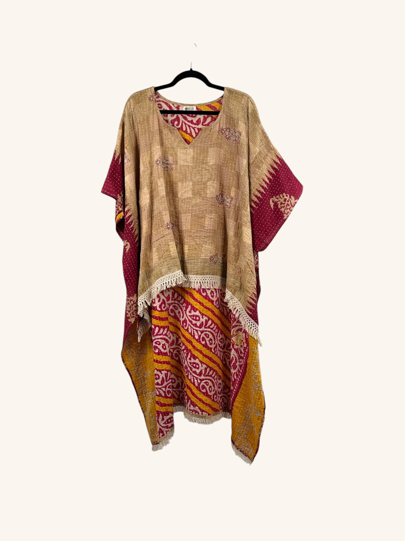 She Lives Beauty reversible hi-low Kantha top in tan and magenta vintage cotton with fringe and bohemian patterns