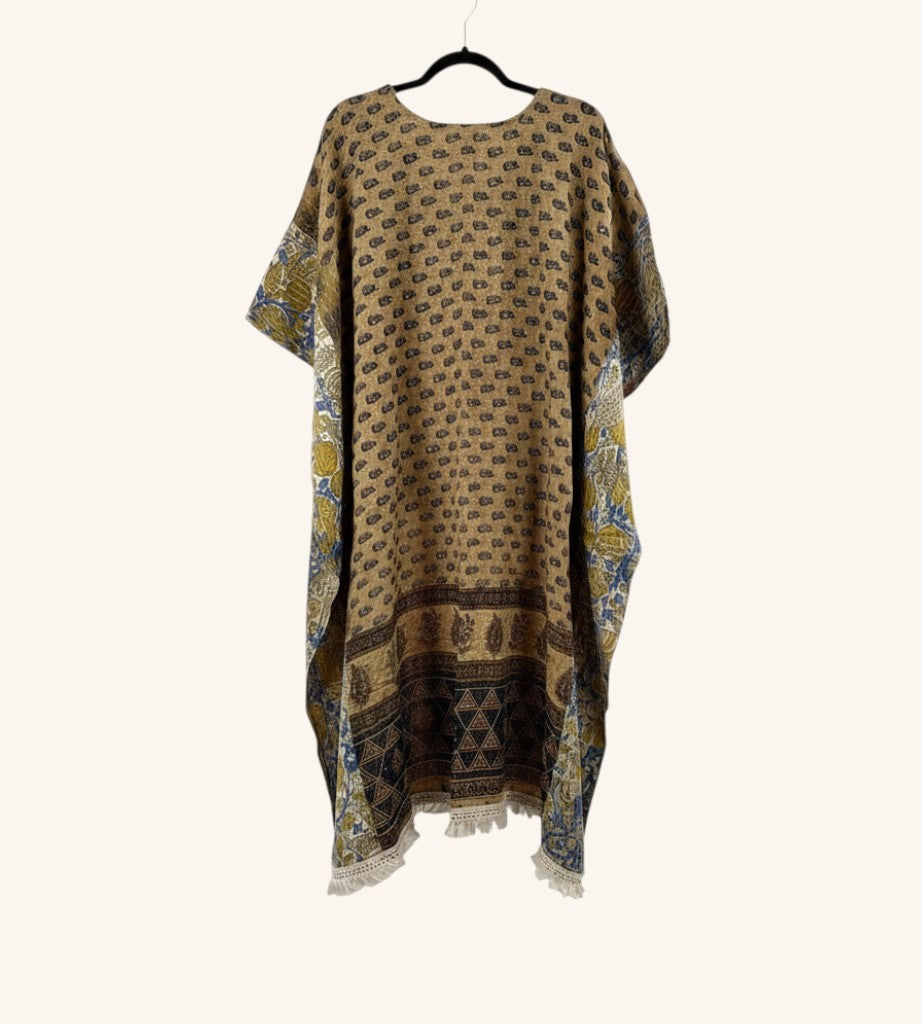 She Lives Beauty reversible Kantha top in vintage brown cotton with bohemian floral patterns and fringe hem detail