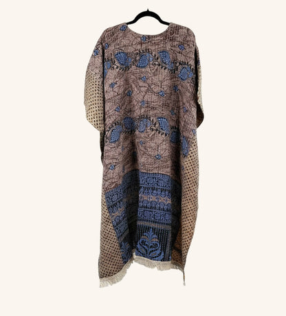 She Lives Beauty reversible Kantha top in brown and blue vintage cotton with bohemian fringe and hi-low silhouette