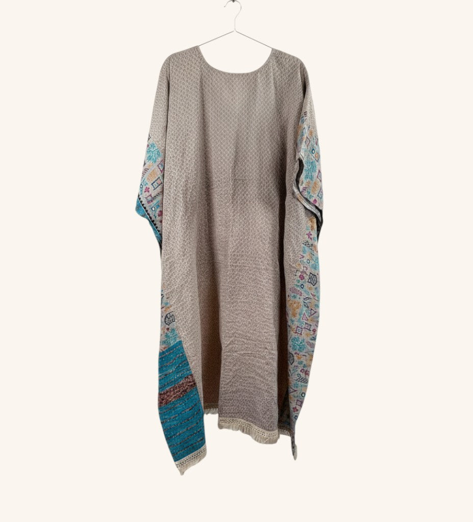 She Lives Beauty reversible Kantha top in beige vintage cotton with colorful patterned trim and fringe detailing