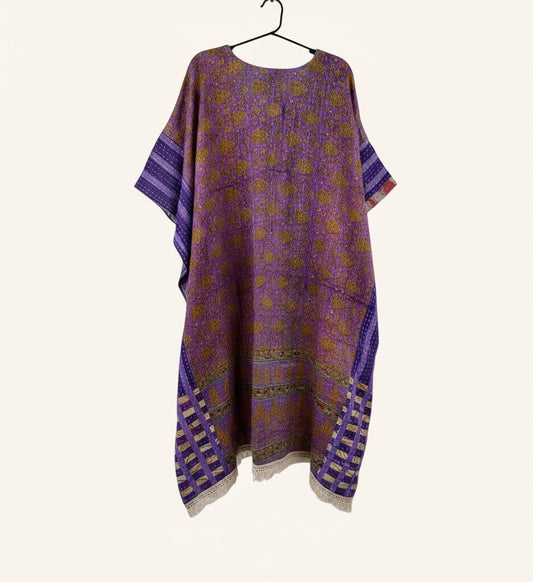 She Lives Beauty reversible Kantha top in purple and gold vintage cotton with bohemian fringe and hi-low silhouette.