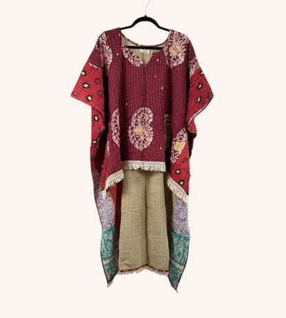 She Lives Beauty reversible hi-low Kantha top in burgundy and beige vintage cotton with fringe and bohemian patterns.