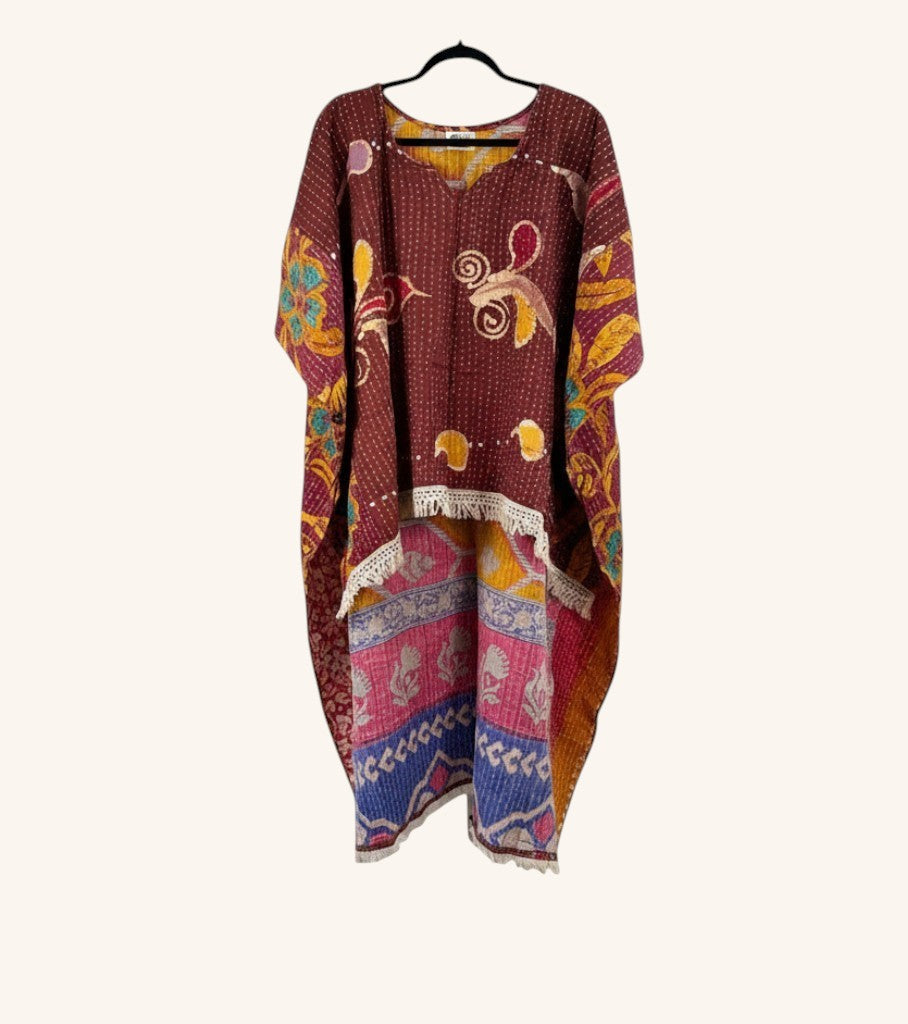 She Lives Beauty reversible Kantha top in burgundy cotton with bohemian floral patterns and fringe hem hi-low design.