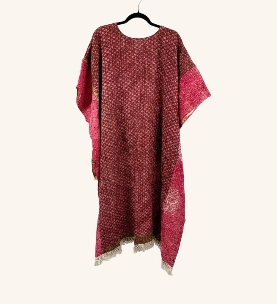She Lives Beauty reversible Kantha top in burgundy and pink vintage cotton with bohemian fringe and hi-low silhouette