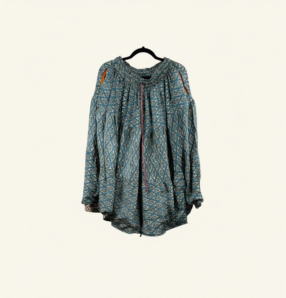 She Lives Beauty Earth Song reversible capri pants in teal vintage silk and cotton with intricate bohemian patterns.