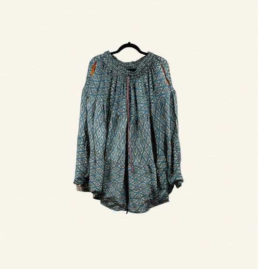 She Lives Beauty Earth Song reversible capri pants in teal vintage silk and cotton with intricate bohemian patterns.