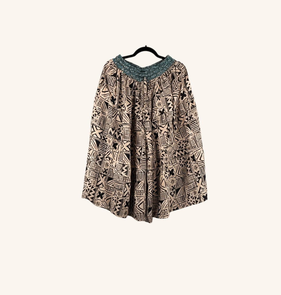 She Lives Beauty Earth Song reversible capri pants in beige and black geometric print vintage silk cotton fabric.